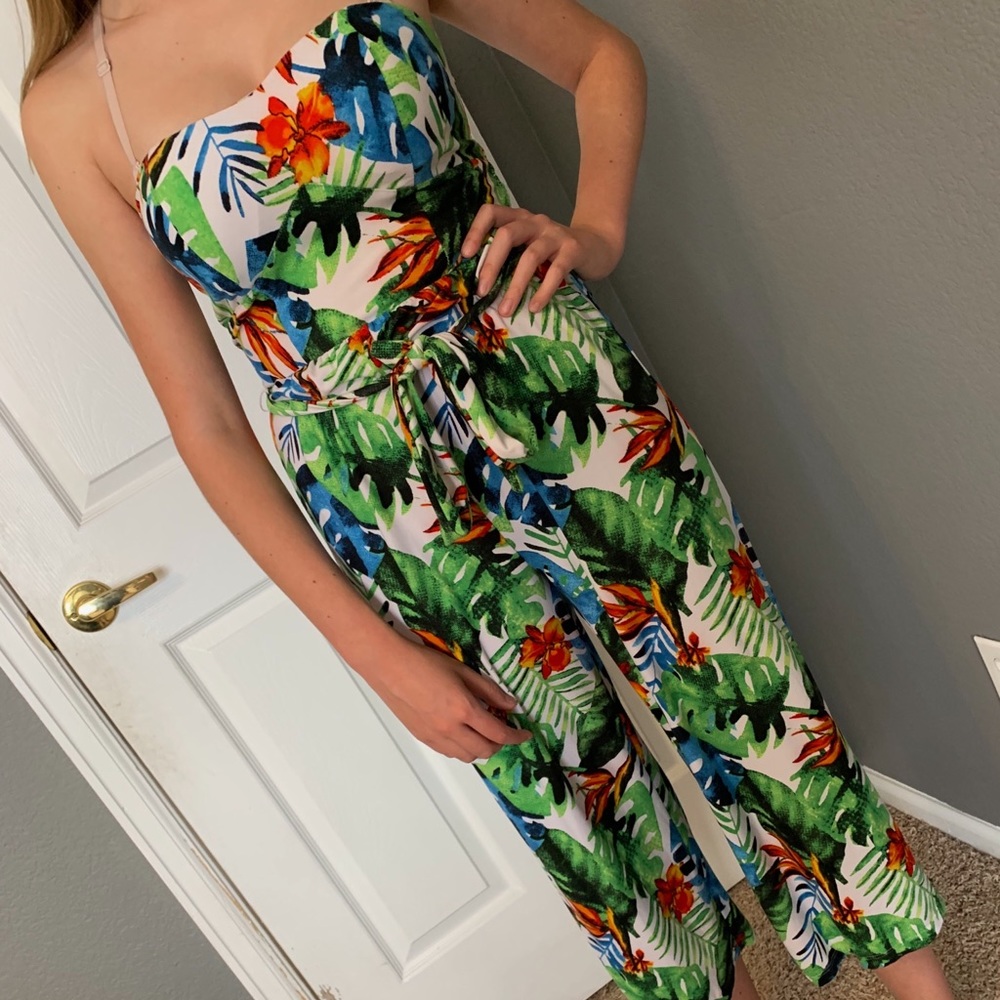 Tropical Leaf Strapless Jumpsuit